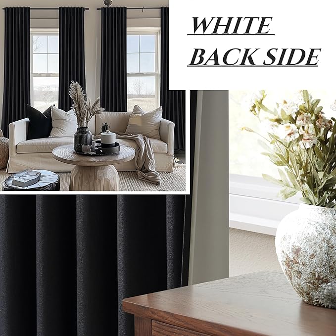Room Darkening Black Curtains 108 Inches Long 2 Panels, 9ft Neutral Curtains