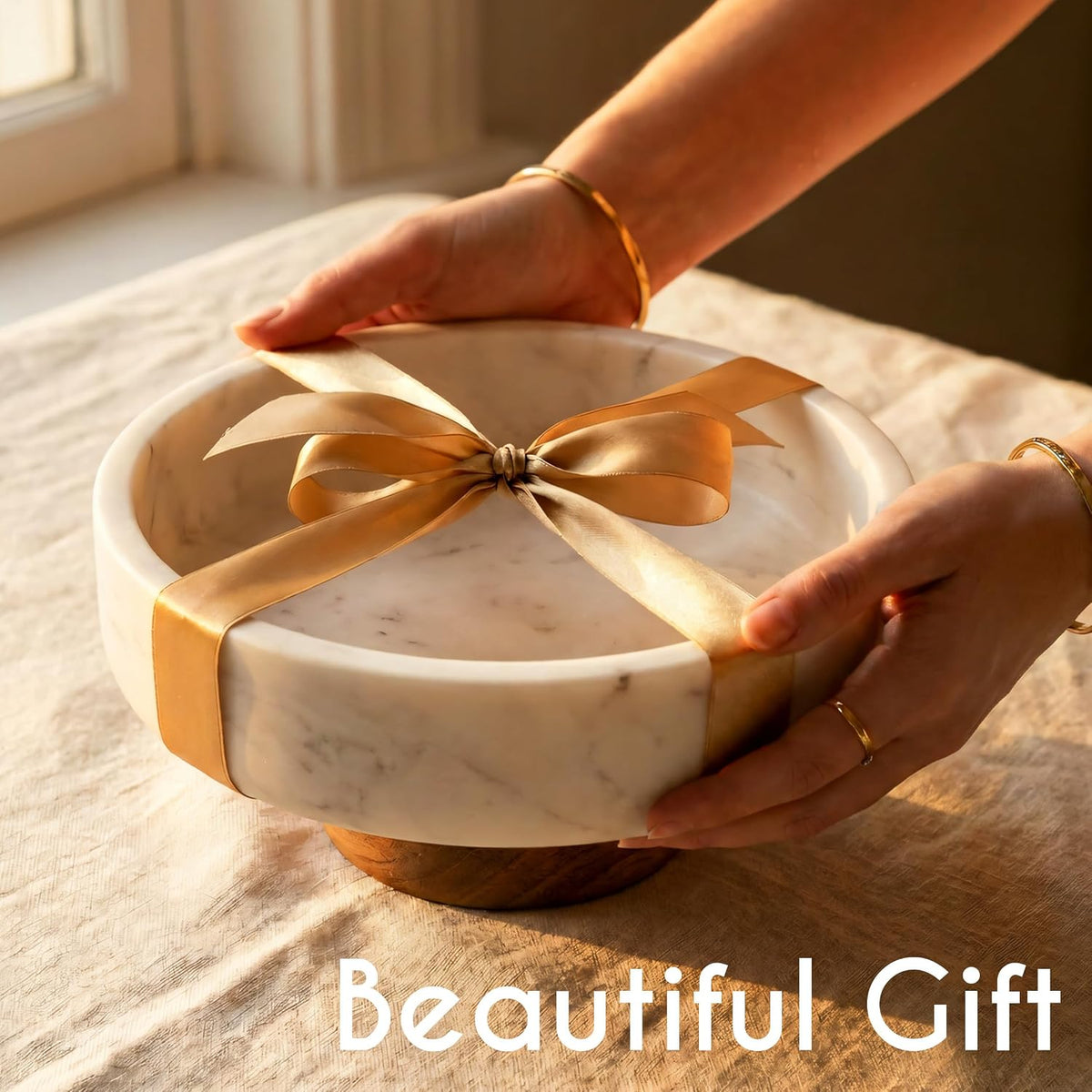 Evovee White Marble Fruit Bowl Decorative Home Decor Table Centerpiece Acacia...
