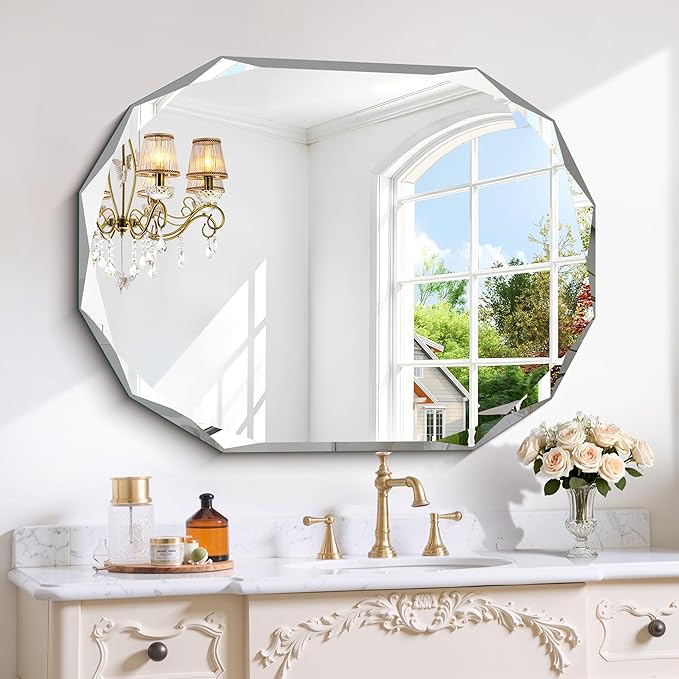 GLASHOM Frameless Bathroom Mirror, 30x40 inch Frameless Wall Mirrors Beveled