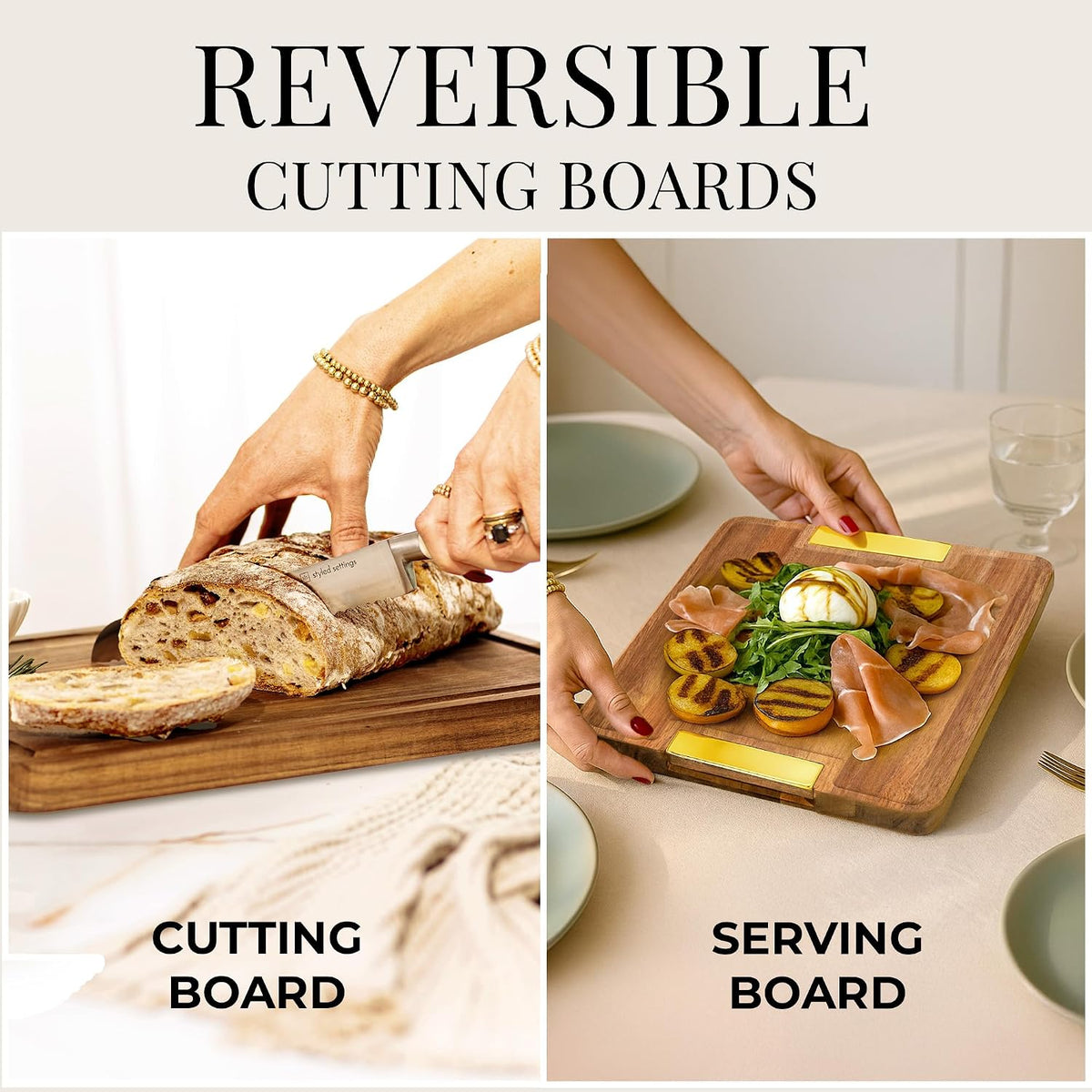 Styled Settings Wooden Cutting Board Set with Holder, 4-Piece, Gold
