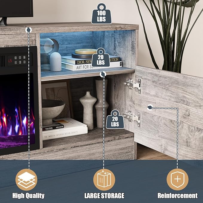 VITESSE TV Stand with 36" inch Electric Fireplace Up to 80" TVs, LE...