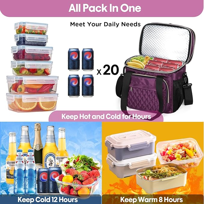 GLENKEY Expandable Insulated Lunch Box, Double Deck Lightweight Large Lunch Bag