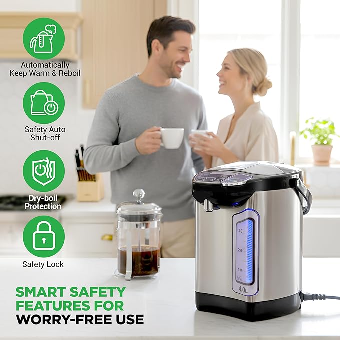 NutriChef Electric Water Boiler and Warmer - 4L/4.2Qt Stainless Steel Electric