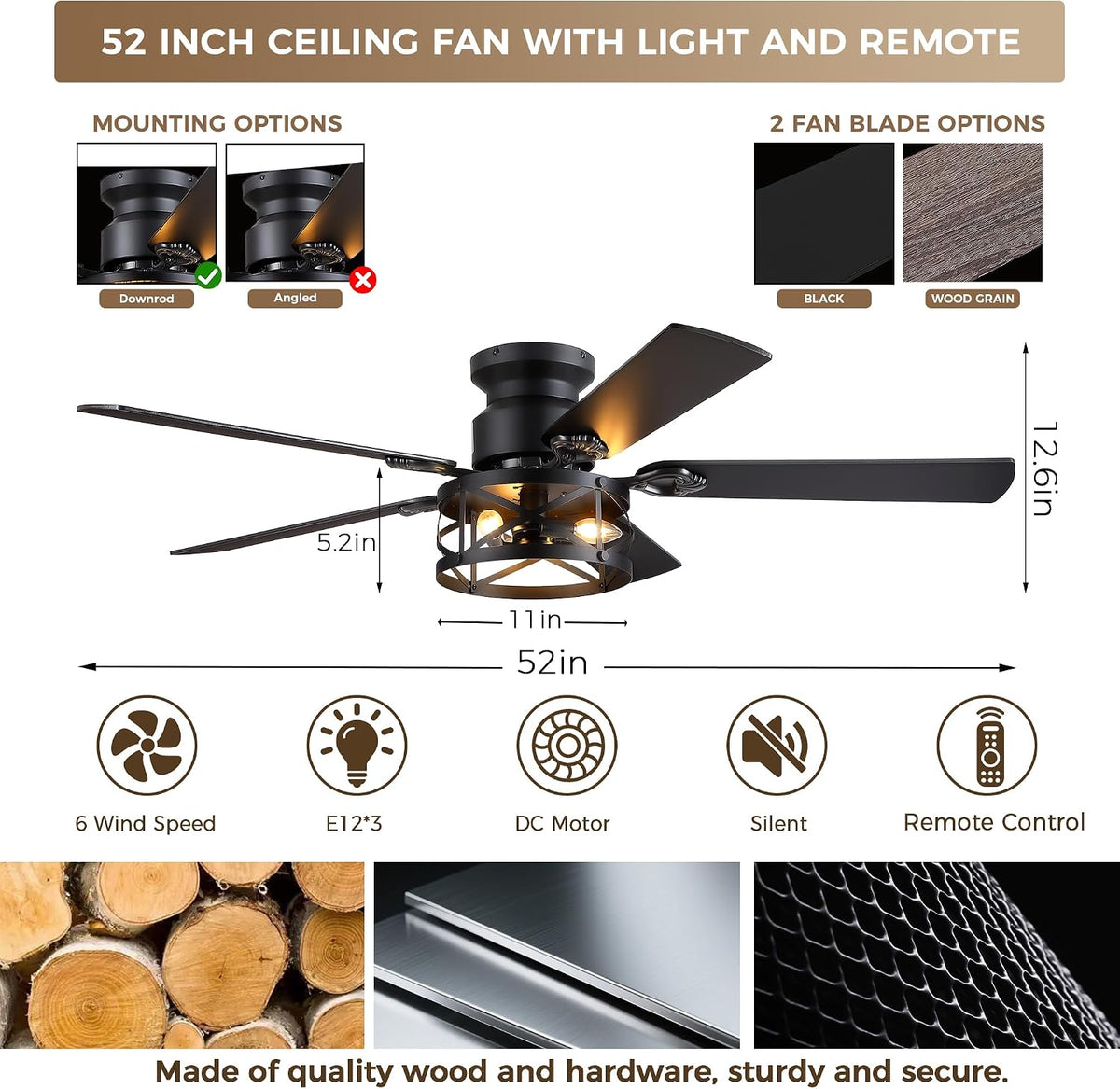 JSAITEE 52in Flush Mount Farmhouse Ceiling Fan with Lights, Caged