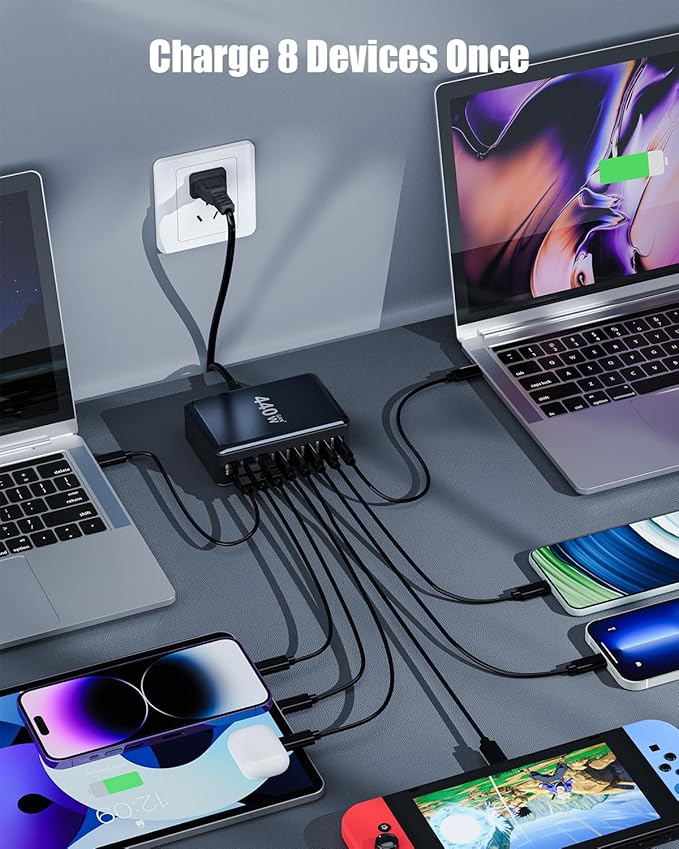 440W USB C Charger Block, 8-Port USB C Charging Station GaN IV Travel