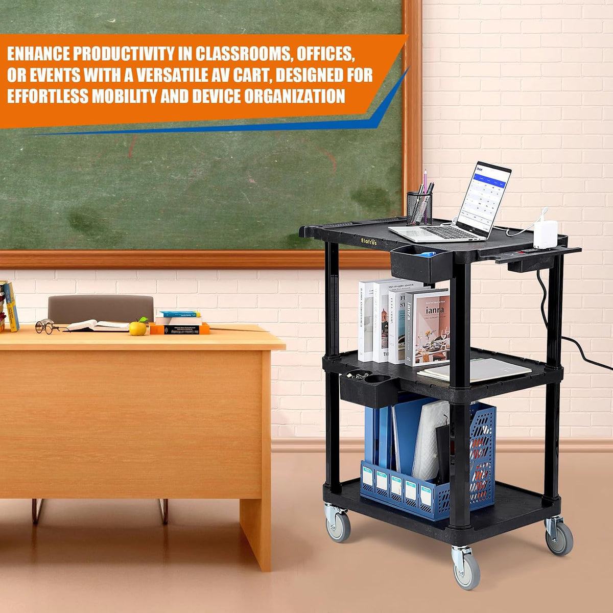 ELAFROS 3-Tier Heavy Duty AV Cart with Power Strip, 27.5 x 18.25 in