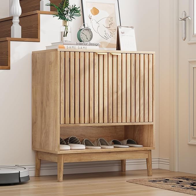 Shoe Cabinet with Slatted Doors, Freestanding Shoe Cabinet Storage