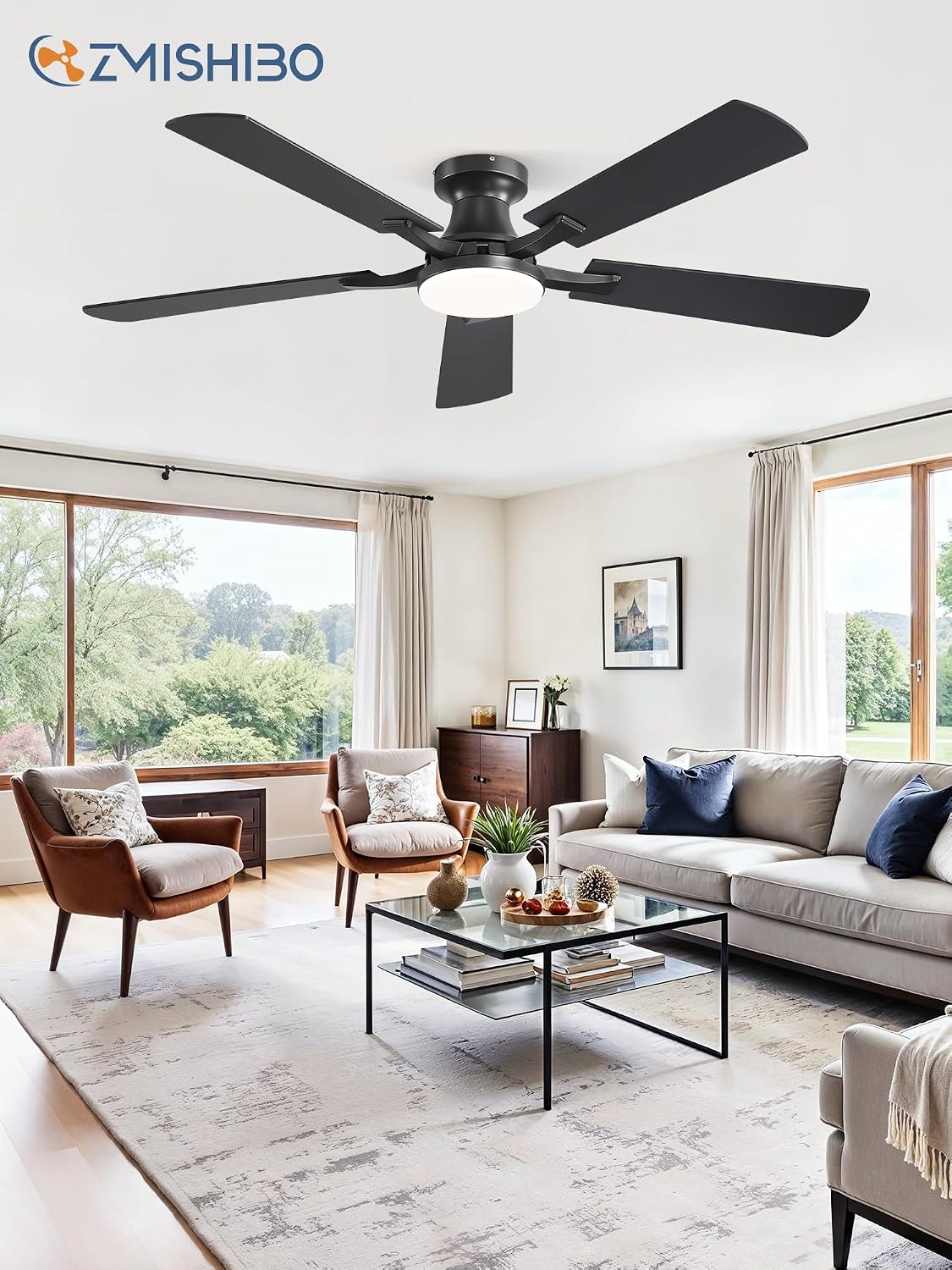 ZMISHIBO 52 Inch Ceiling Fans with Lights, Remote&App Control, Flush Mount