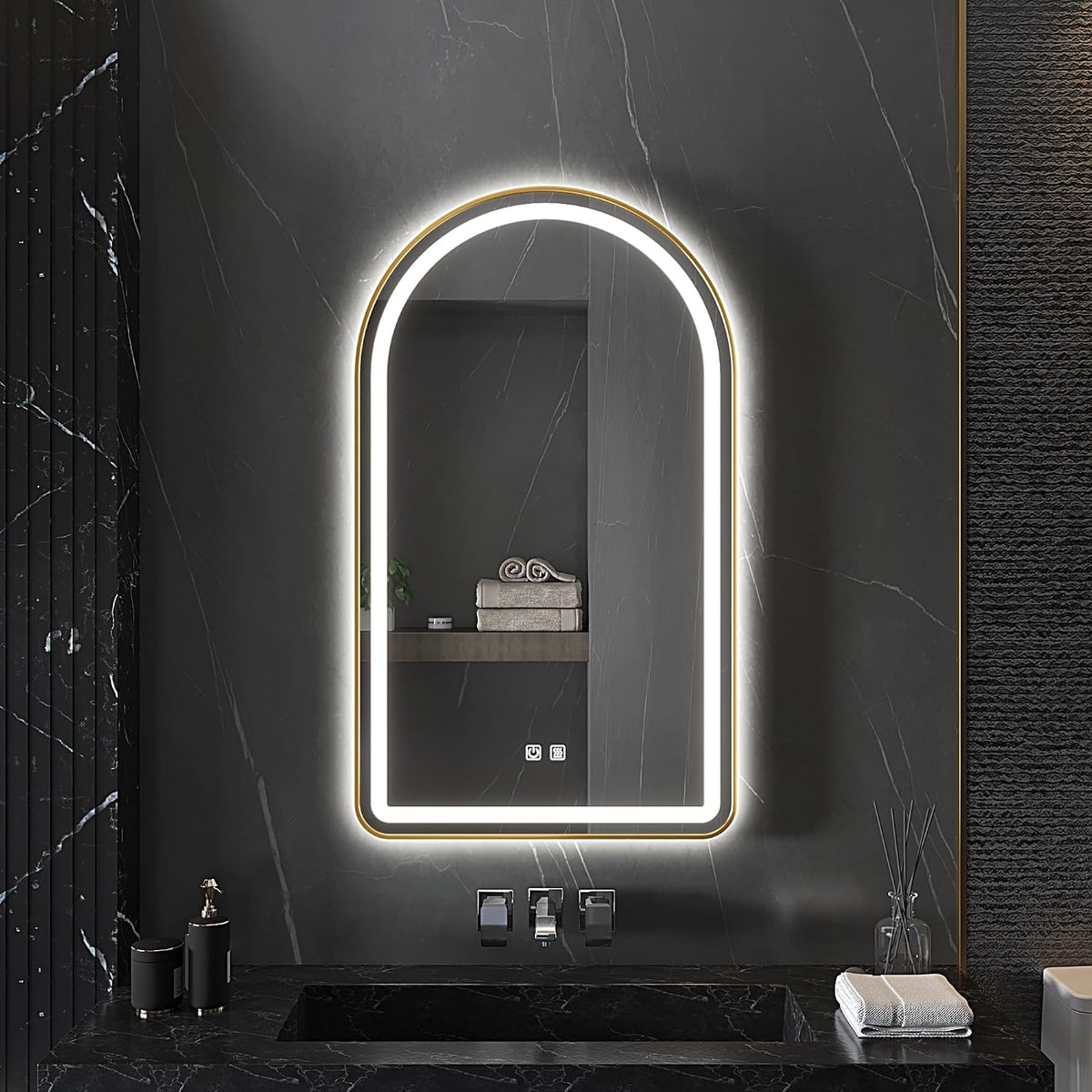 24x36 inch Gold Tempered Glass LED Arched Mirror