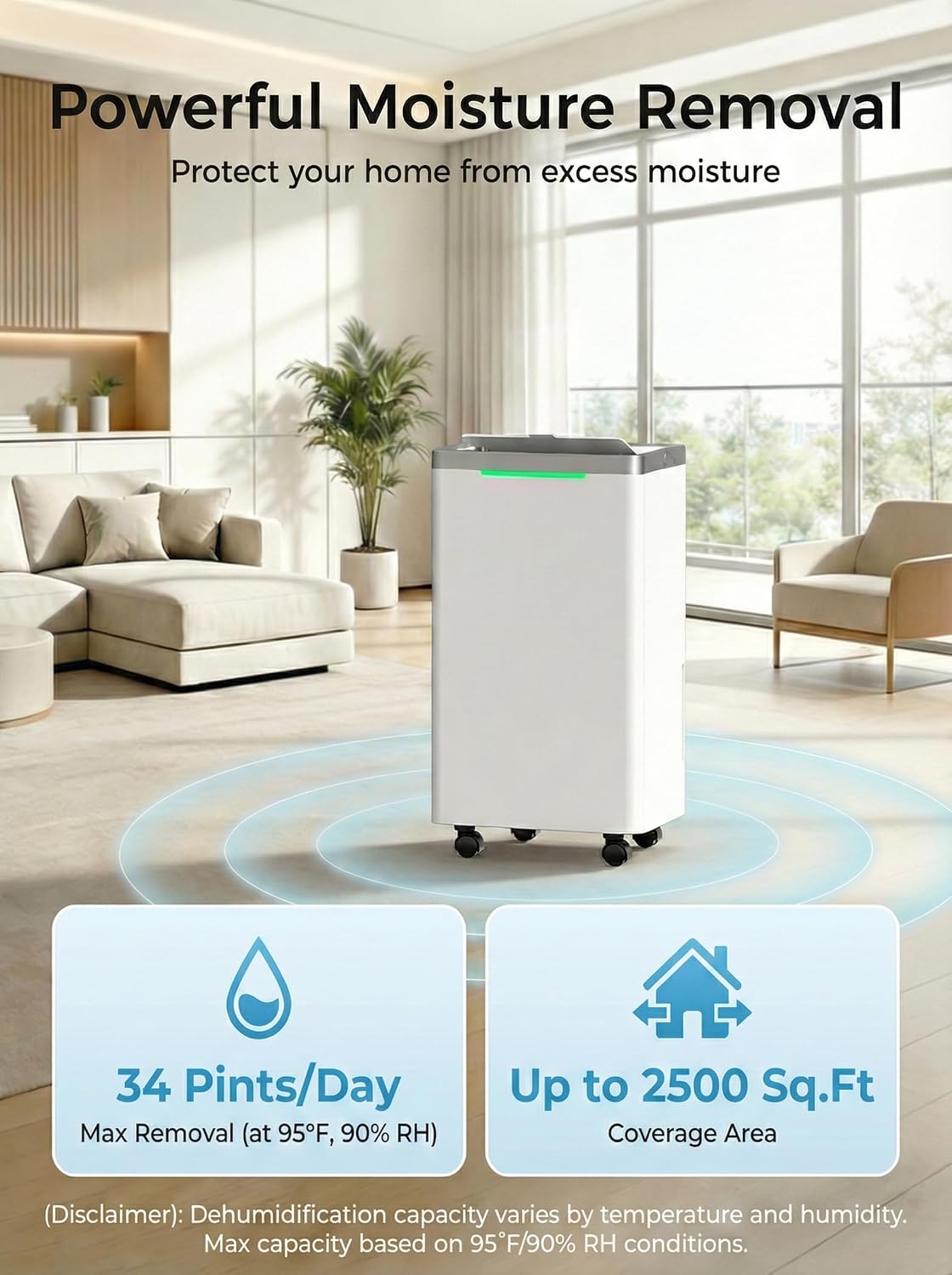 34 Pints Dehumidifier for Basement, with Drain Hose, 38dB Quiet, 2500 Sq.Ft