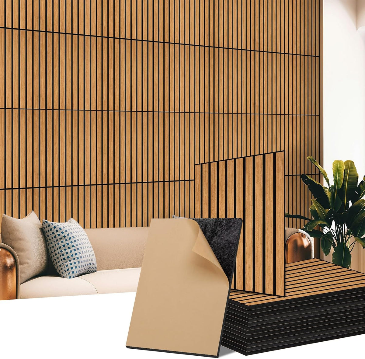 Self-Adhesive Acoustic Wall Panels, Wood Grain Sound Absorbing Panels, Teak
