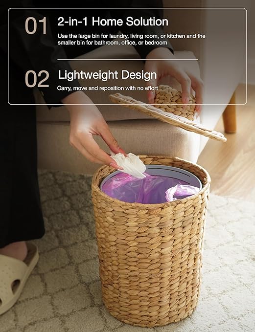 Set of 2 Wicker Trash Can with Lid
