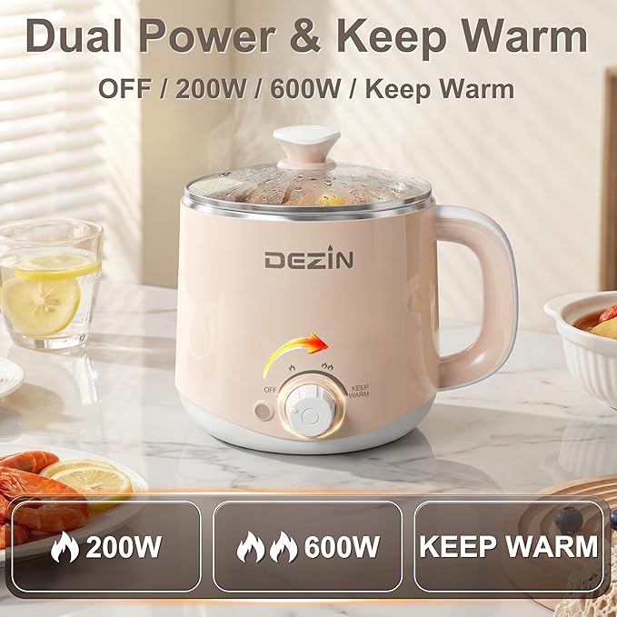 Dezin Hot Pot Electric with Steamer, Rapid Noodles Cooker, Stainless Steel