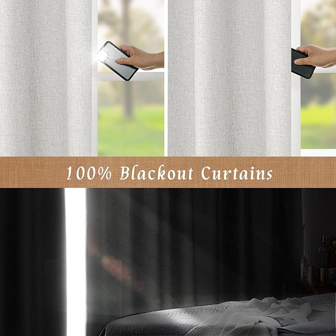 LAMIT 100% Blackout Natural Linen Curtains, 78 Inches Linen Textured Thermal