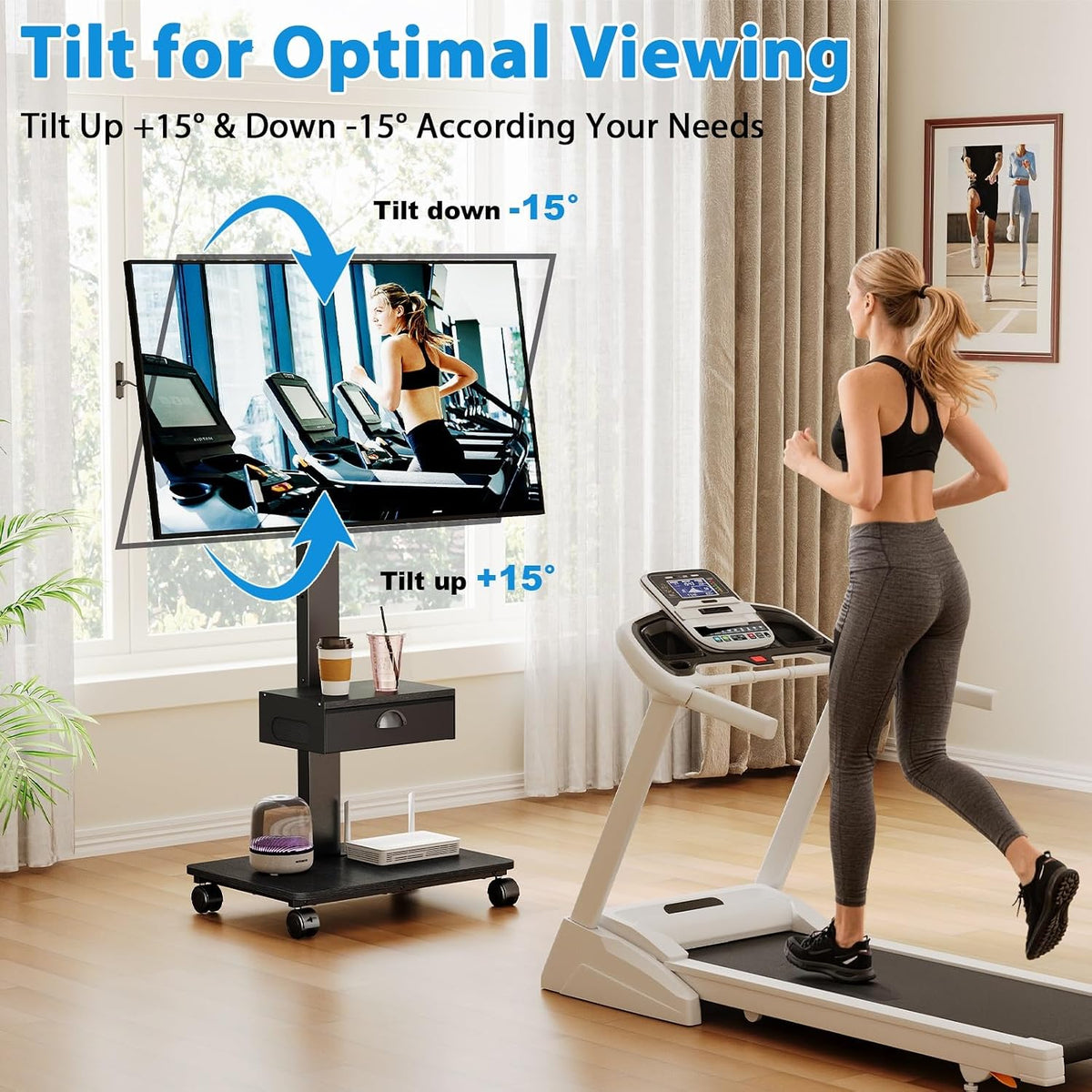 Rolling TV Stand With Drawer, TV Stand Cart On Wheels For 30-75 Inch TVs