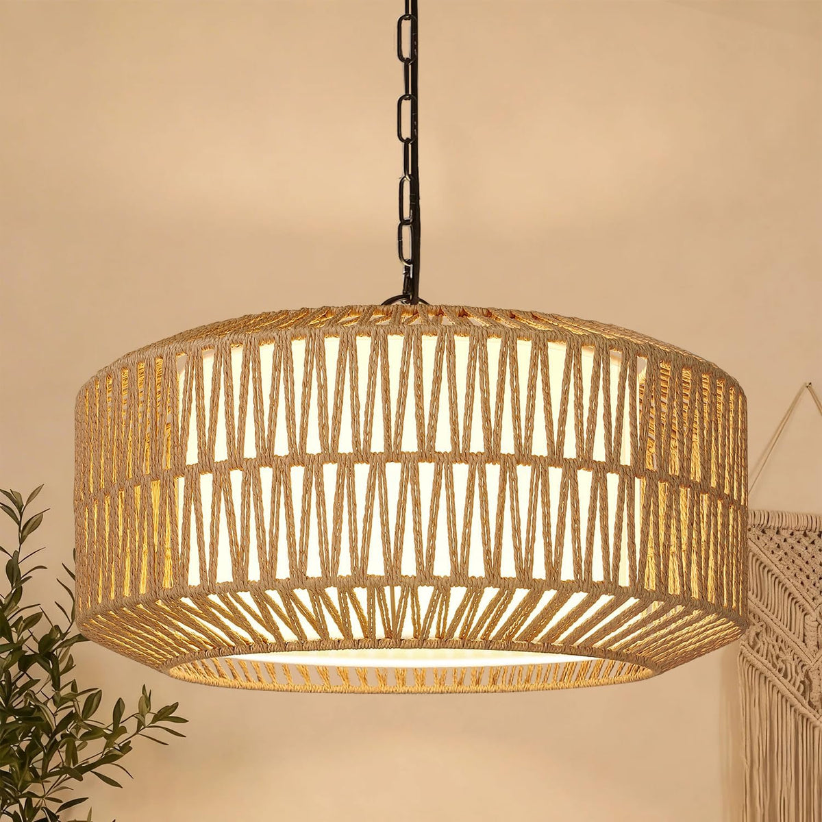 19" Rattan Chandelier for Dining Room, Boho Dining Room Light Fixture