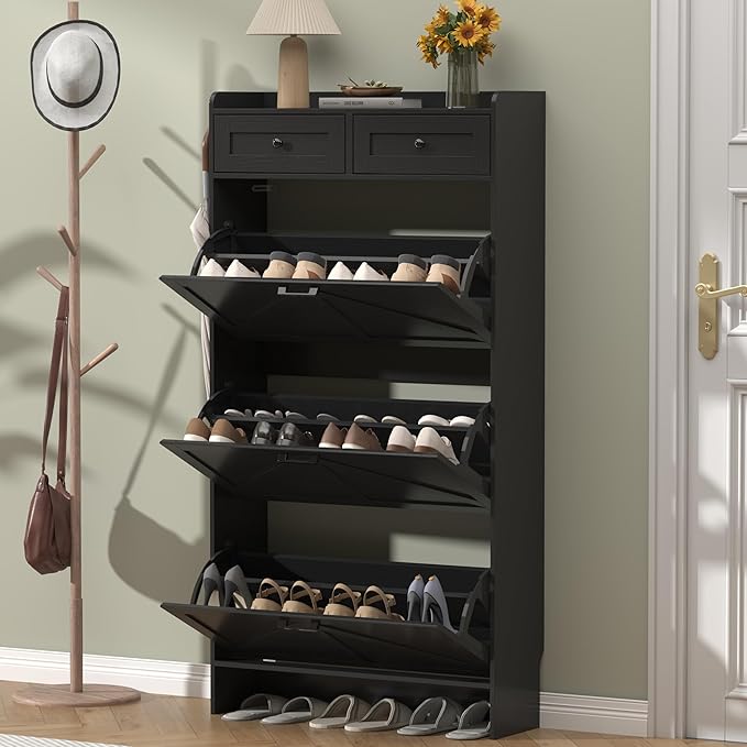 Shoe Cabinet with 3 Flip Drawers & 2 Storage Drawers, Rustic Farmhouse Na...