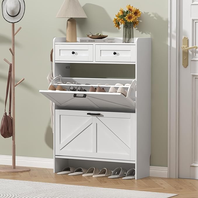 Shoe Cabinet with 2 Flip Drawers & 2 Storage Drawers, Rustic Farmhouse Na...