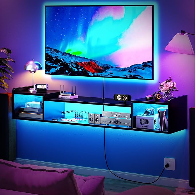 70.9"W Floating TV Stand with LED Lights & Power Outlets