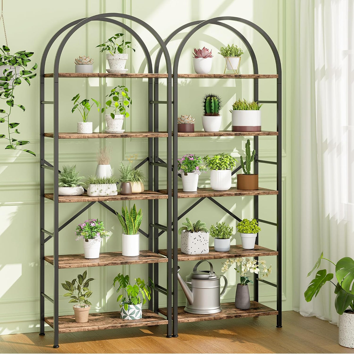 Shintenchi Arched 5 Tier Bookshelf, Brown Open Storage Bookcase