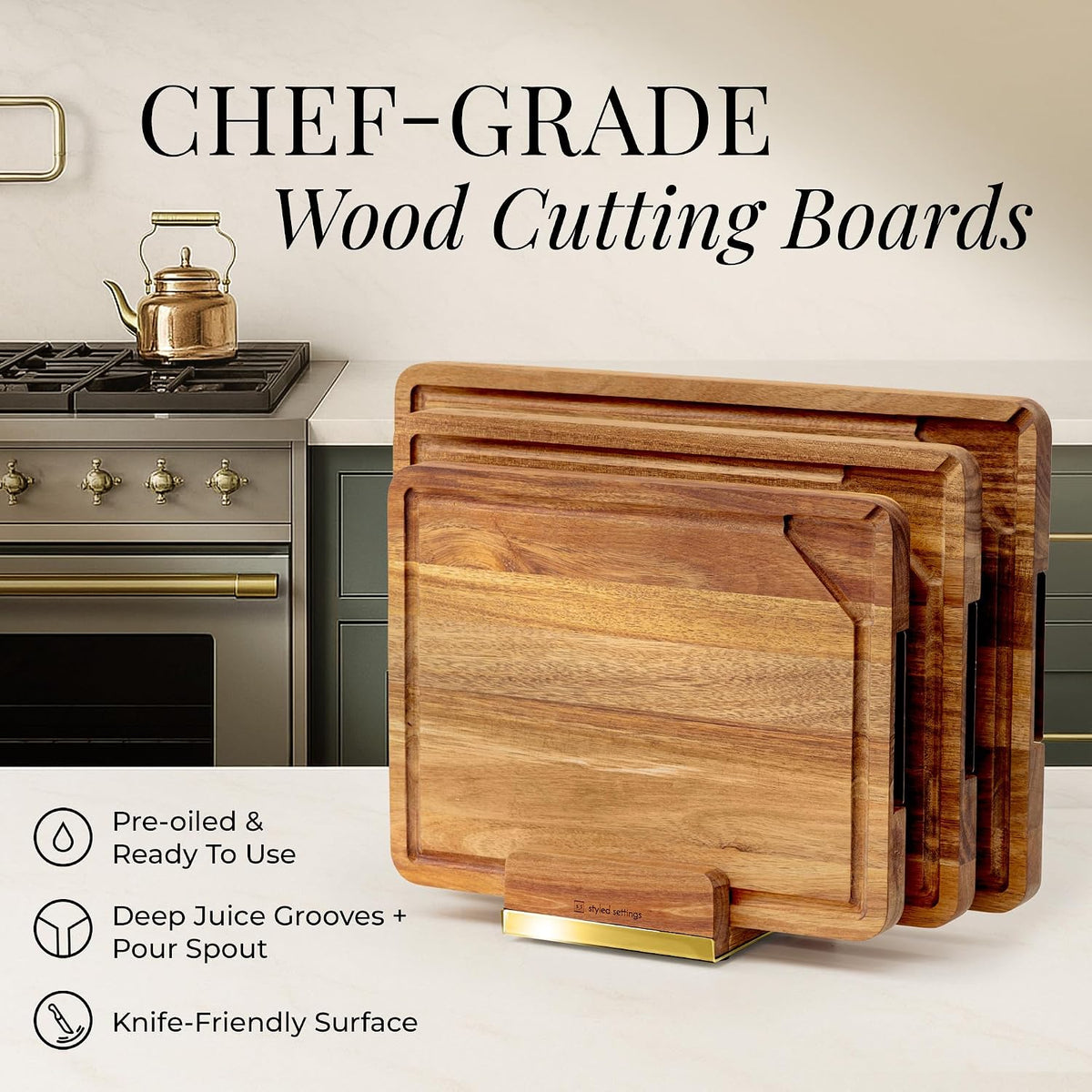 Styled Settings Wooden Cutting Board Set with Holder, 4-Piece, Gold