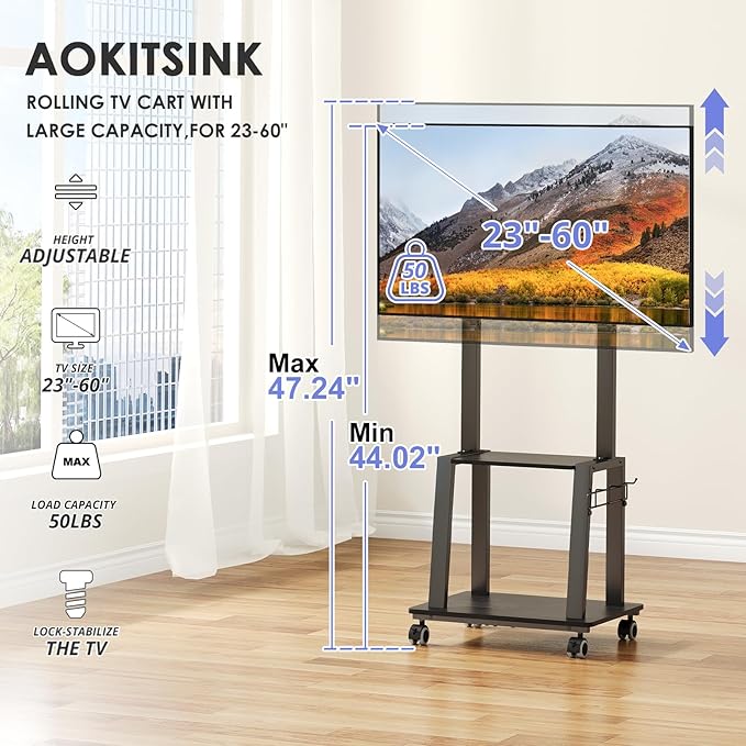 Rolling TV Stand on Wheels for 23-60Inch Flat/Curved Screen TVs, Tilt Mobile TV