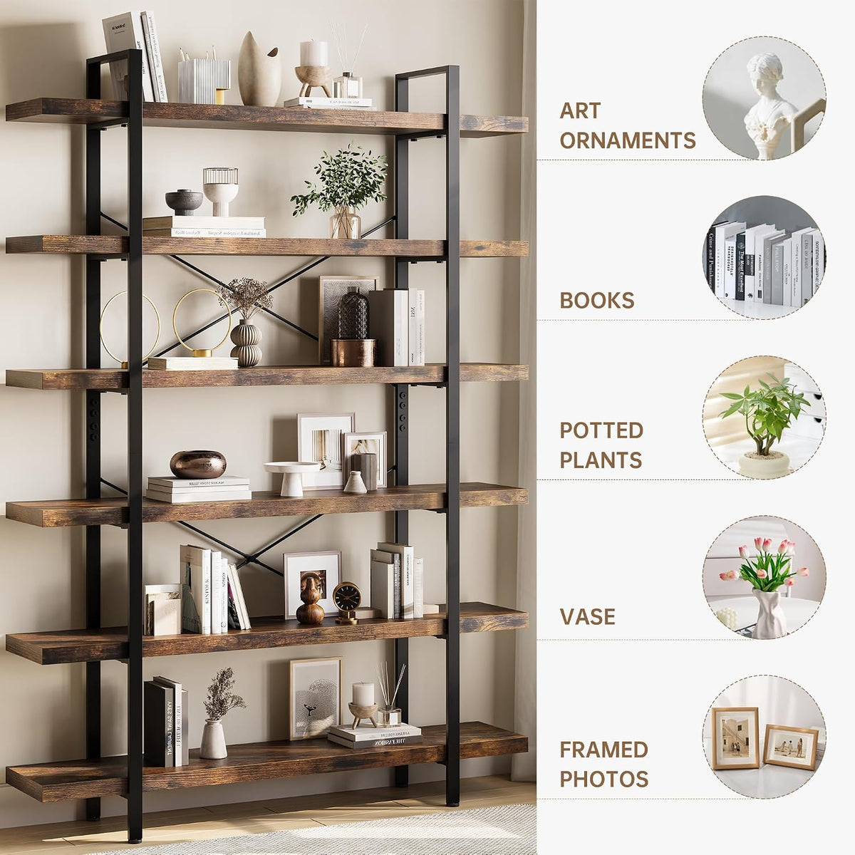 Heavy Duty 6 Tier Industrial Bookcase for Home Office, Rustic Brown