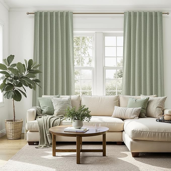 Sage Green Blackout Linen Curtains 120 Inches Extra Long