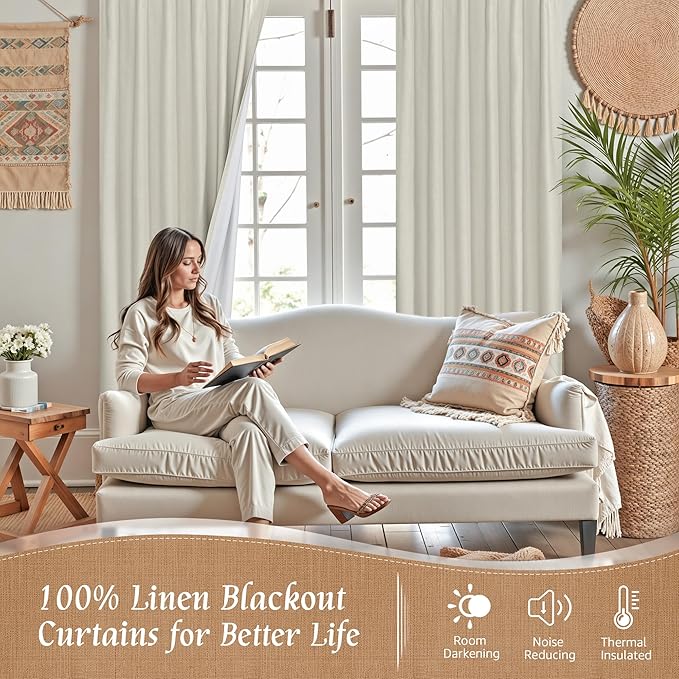LAMIT 100% Blackout Natural Linen Curtains, 63 Inches Linen Textured Thermal