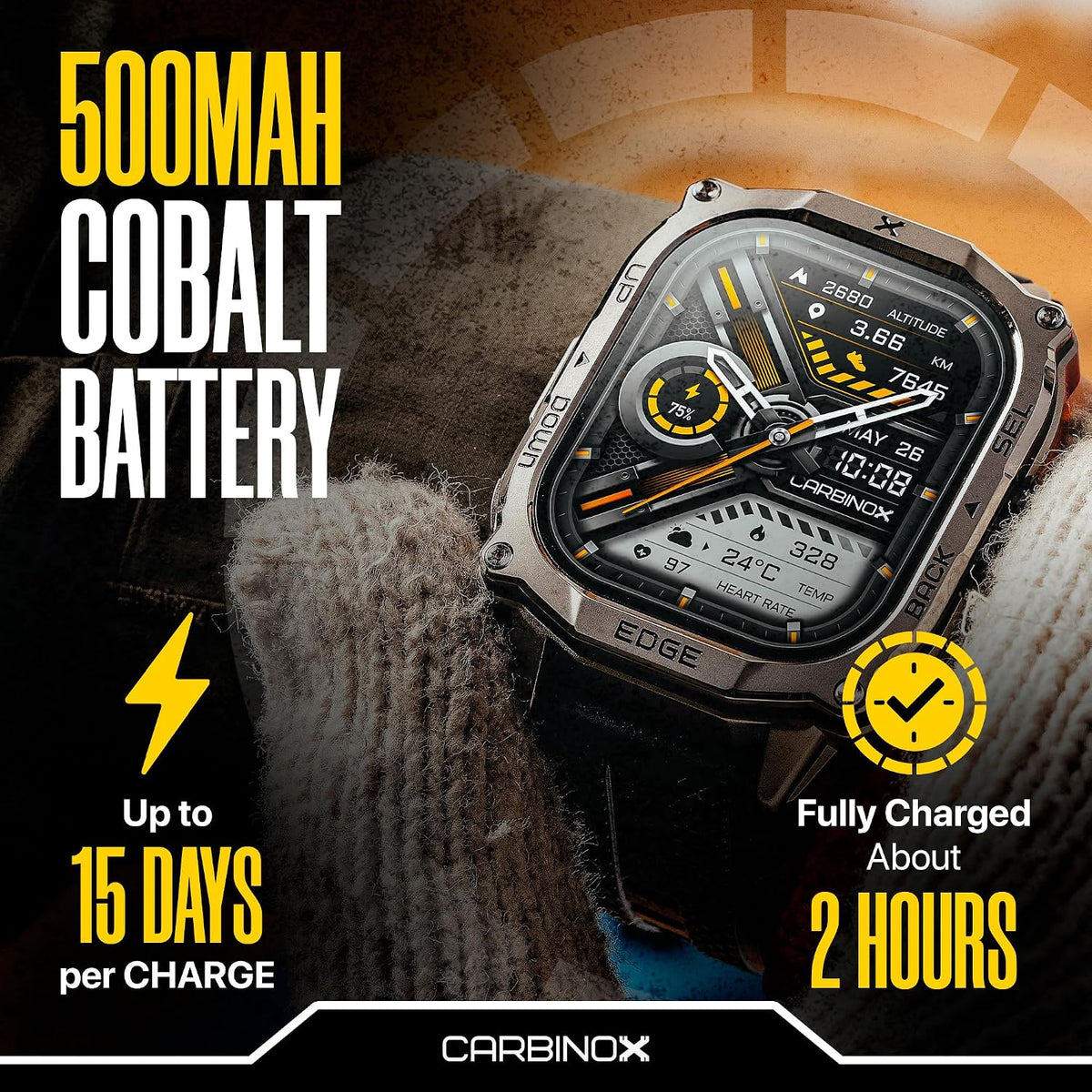 CARBINOX Edge Military Smart Watch for Men, Fitness Tracker, GPS, Black