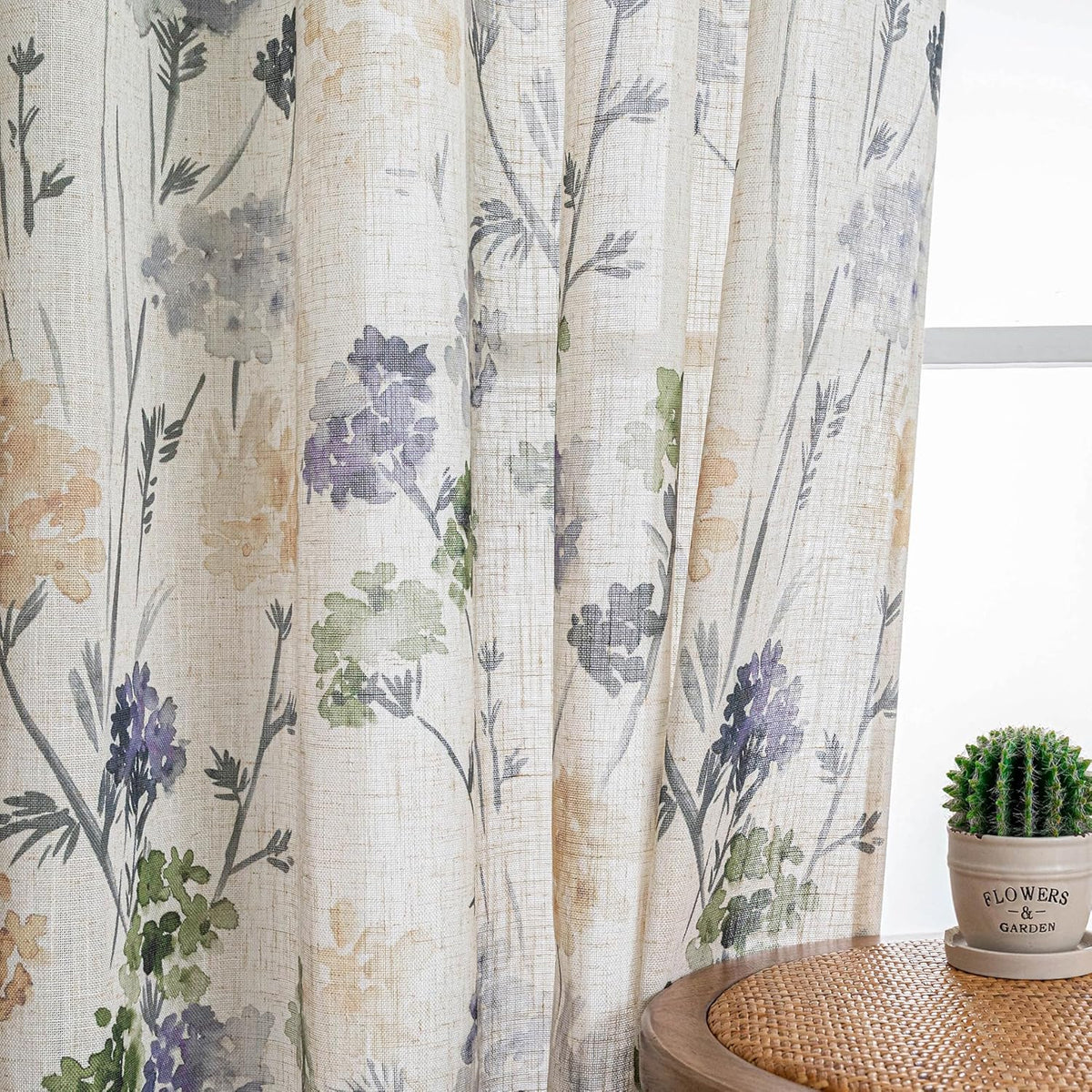 MYSKY HOME Sage Green Floral Linen Spring Curtains 84 inch Long 2 Panels Set ...