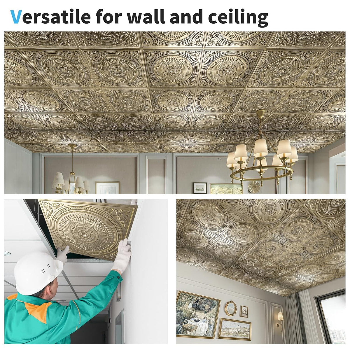 Art3d 12-Pack 2 x 2 ft Drop Ceiling Tiles for Interior Decor, Antique Gold