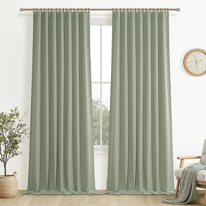 Sage Green Blackout Linen Curtains 108 Inches Long