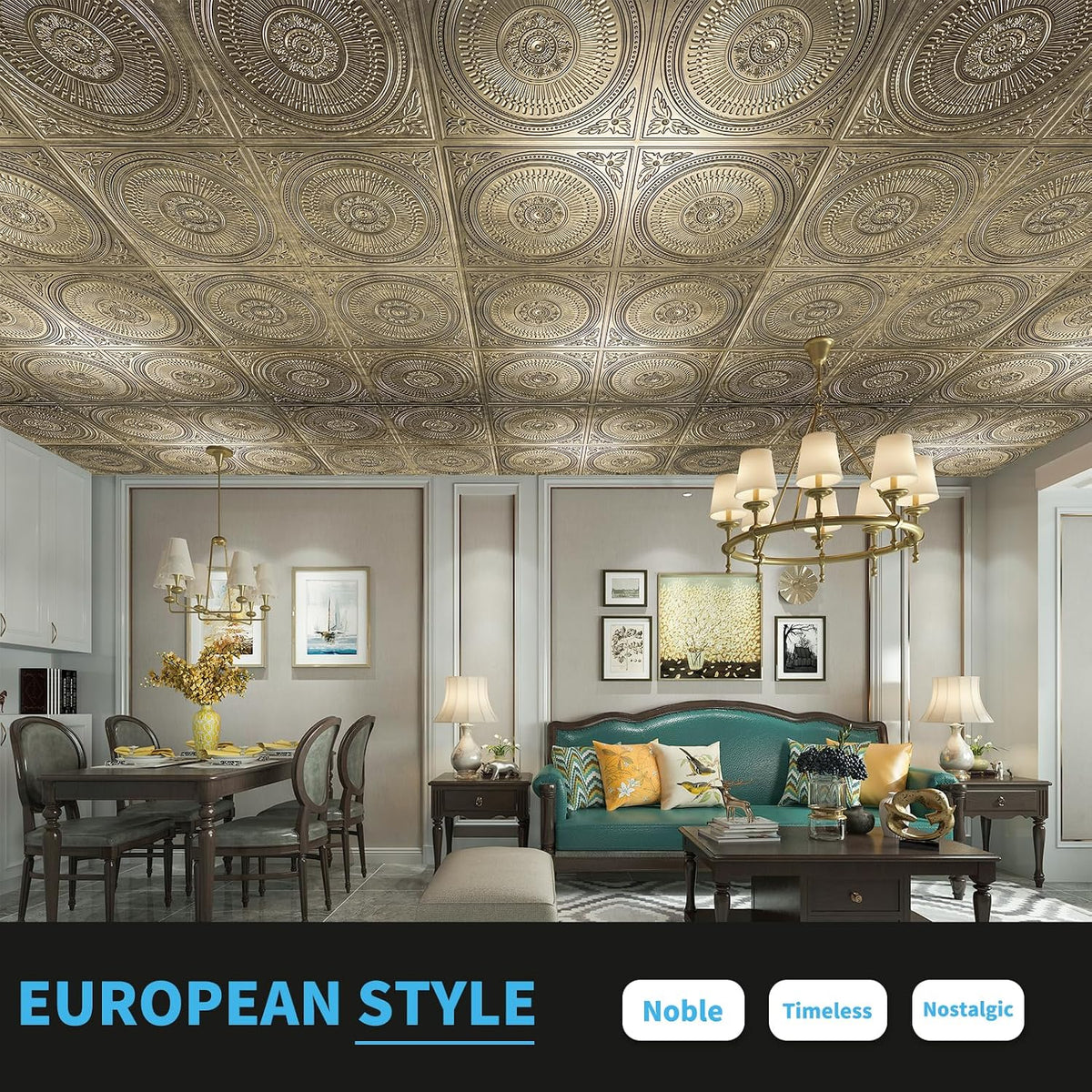 Art3d 12-Pack 2 x 2 ft Drop Ceiling Tiles for Interior Decor, Antique Gold