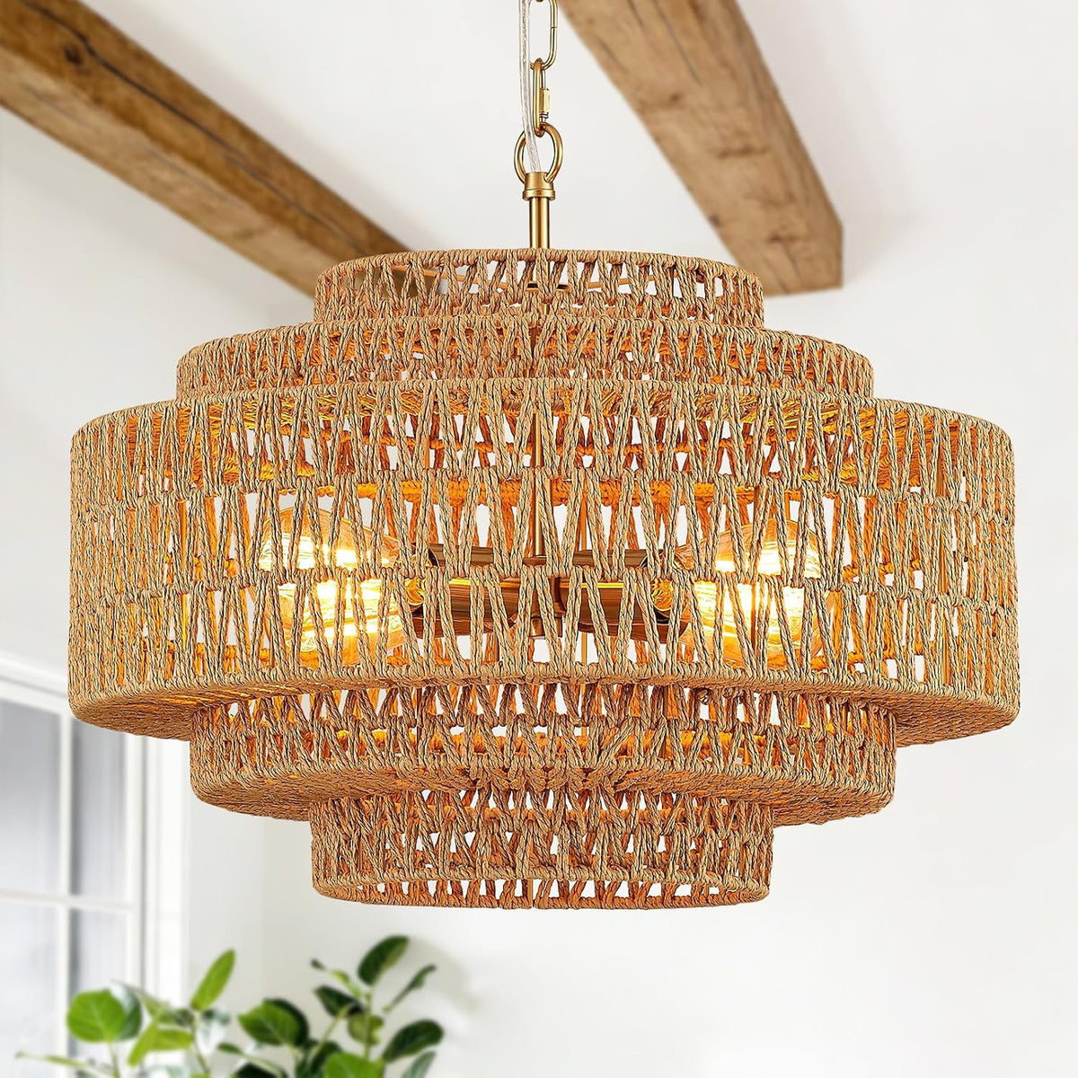 19.68" Gold Rattan Chandelier, 5-Tier Handwoven Wicker Fixture