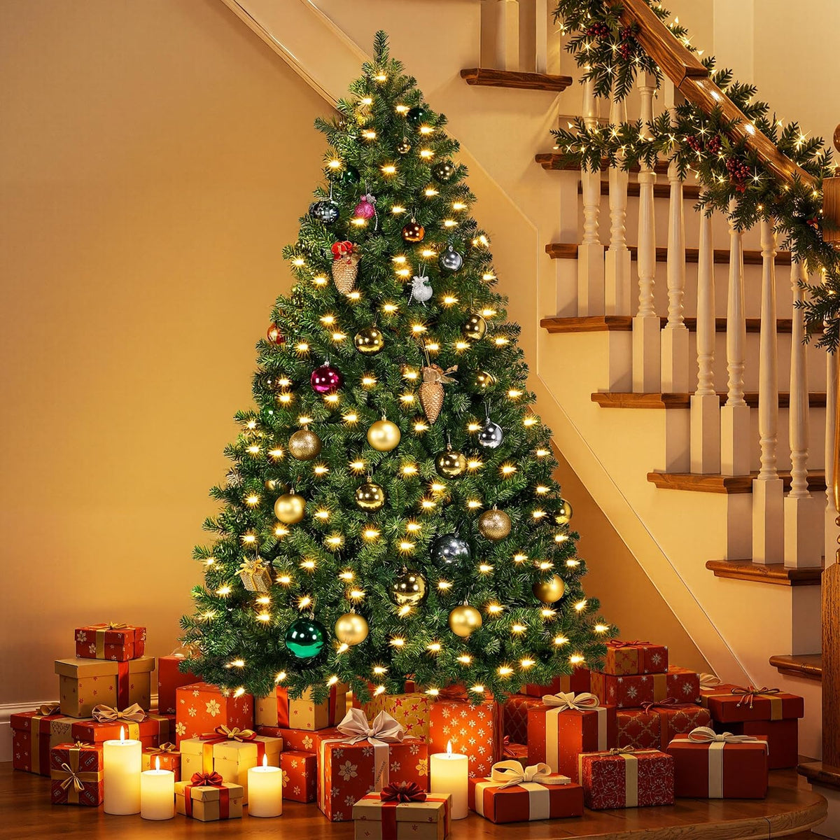 Yaheetech 6ft Pre-lit Christmas Tree with 300 Warm White Lights, Green
