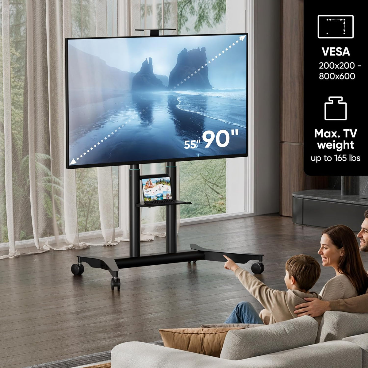 ONKRON Mobile TV Stand 55-90 Inch, up to 165 lbs, max VESA 800x600, Black
