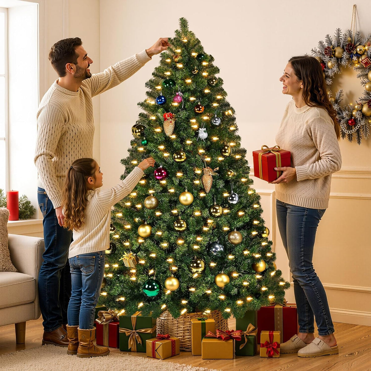 Yaheetech 6ft Pre-lit Christmas Tree with 300 Warm White Lights, Green