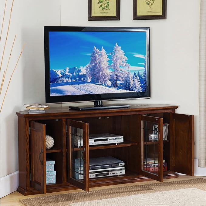 Leick Home Riley Corner TV Stand 60 in, Burnished Oak, Solid Wood, Beveled
