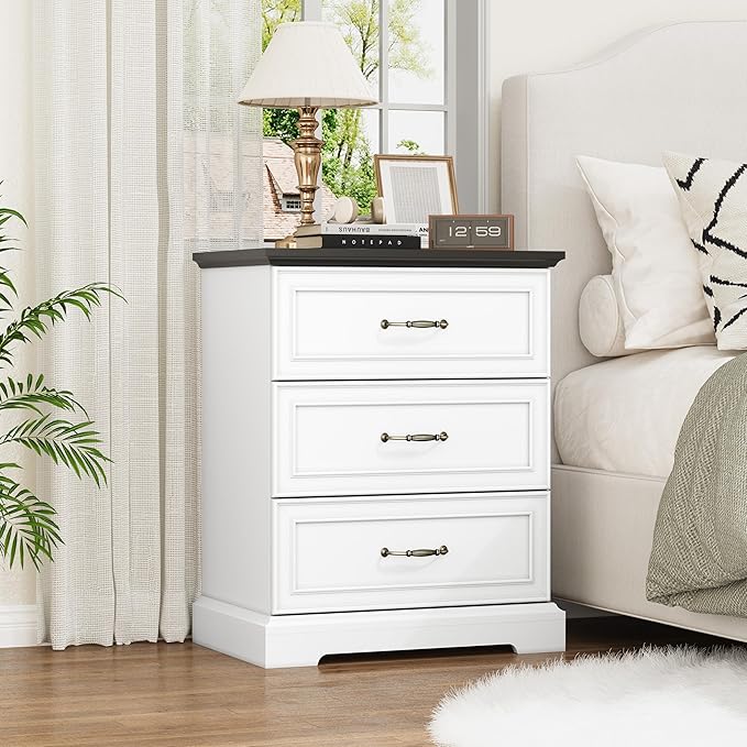 Nightstand with 3 Large Drawers, Rustic Farmhouse Wood Small Dresser, Bedside