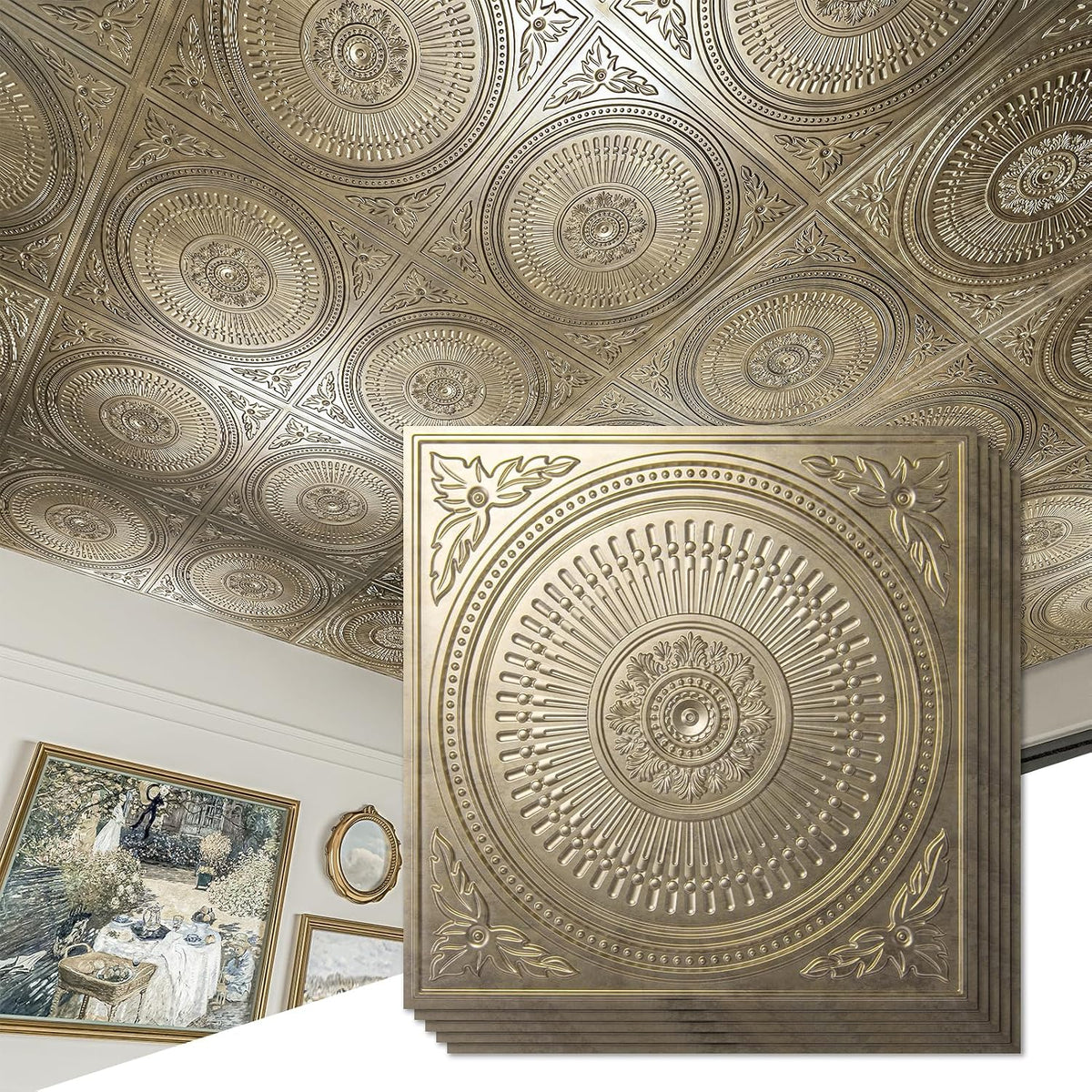 Art3d 12-Pack 2 x 2 ft Drop Ceiling Tiles for Interior Decor, Antique Gold