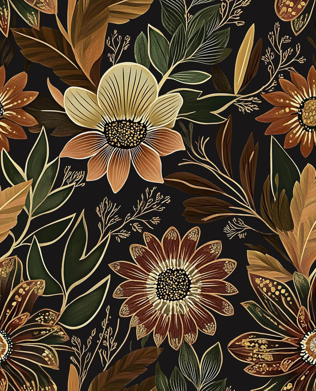 Boho Dark Black Gold Floral Wallpaper Peel and Stick 17.5"x393" | S...