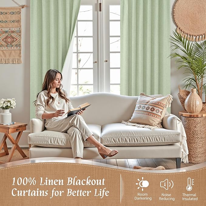 LAMIT 100% Blackout Linen Curtains, 63 Inches Linen Textured Thermal Bedroom
