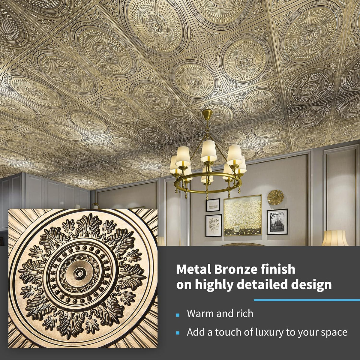 Art3d 12-Pack 2 x 2 ft Drop Ceiling Tiles for Interior Decor, Antique Gold