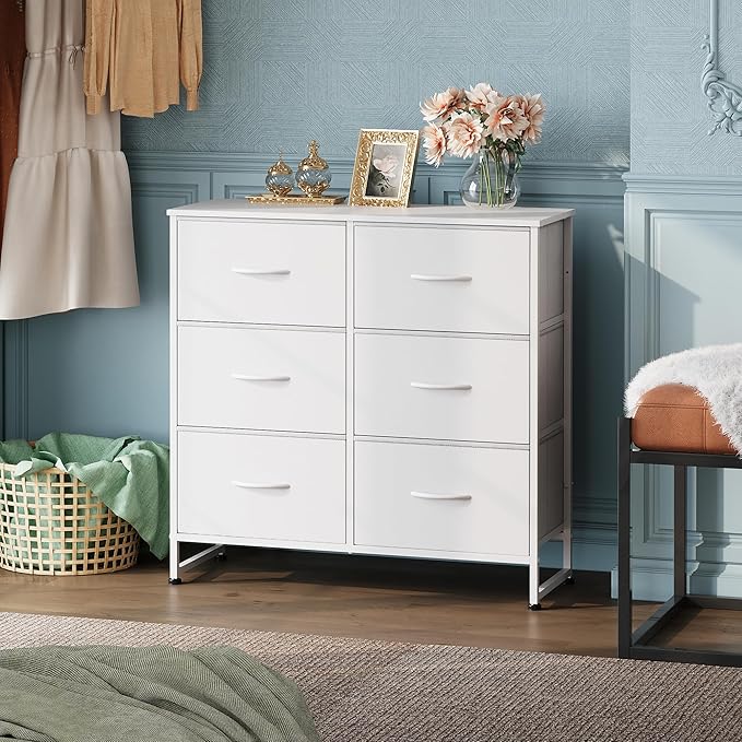 WLIVE White Dresser for Bedroom, 6 Drawer Double Dresser, Fabric Storage Tower