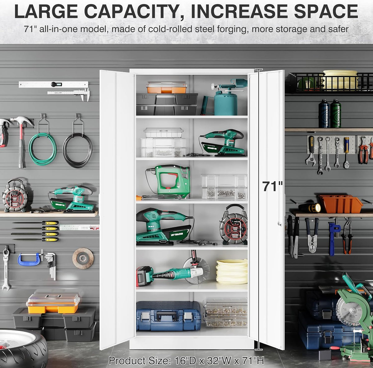 SISESOL White Metal Storage Cabinet with 2 Doors and 6 Shelves,71" Tall ...