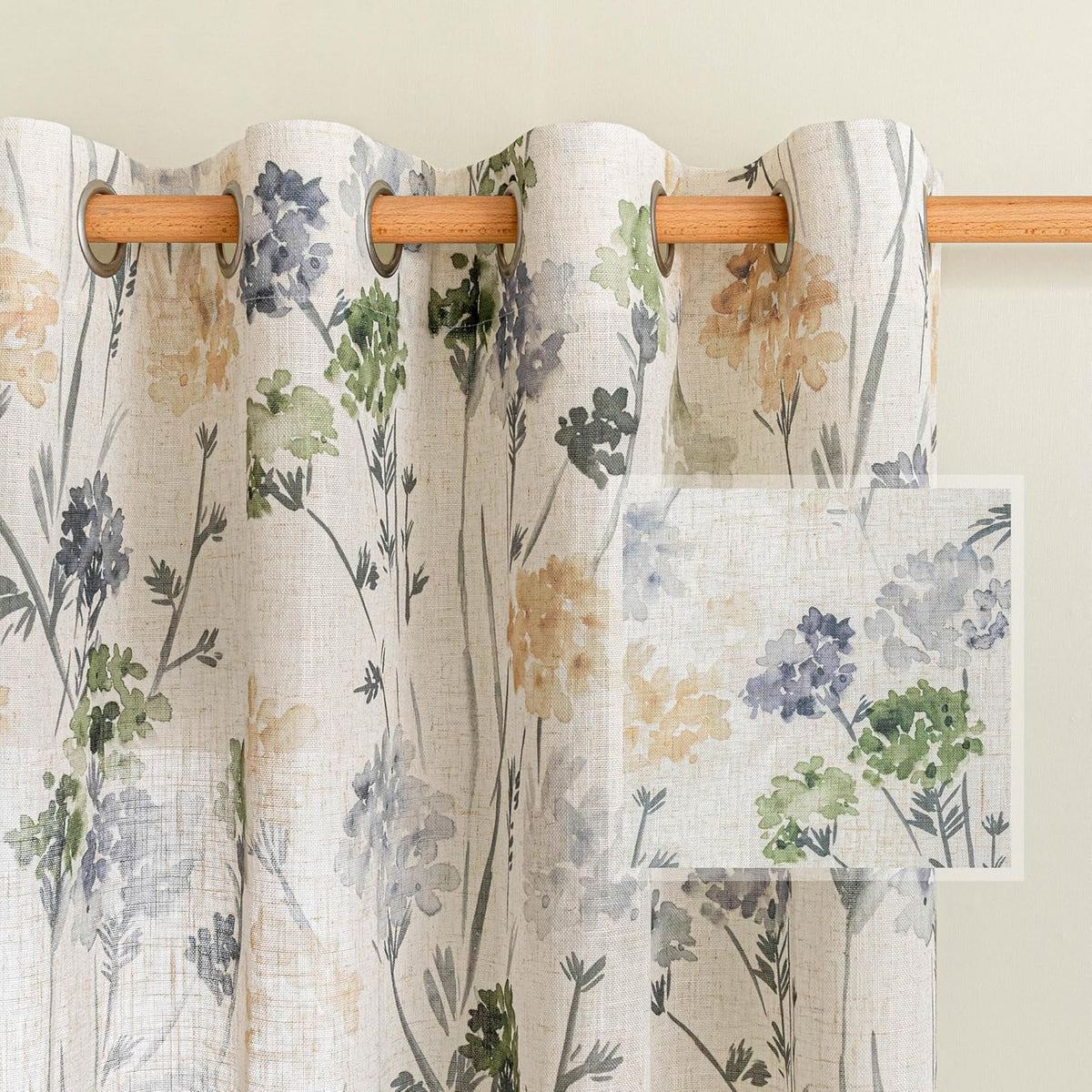 MYSKY HOME Sage Green Floral Linen Spring Curtains 84 inch Long 2 Panels Set ...