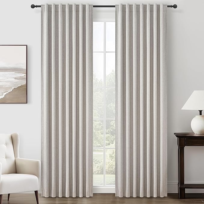 Pleat Linen Blend Room Darkening Curtains 84 Inch Length 2 Panels Set