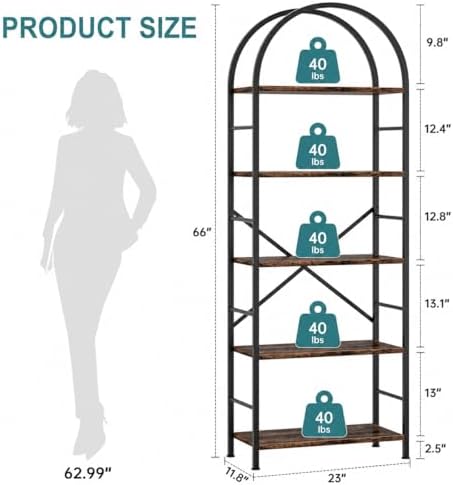 Shintenchi Arched 5 Tier Bookshelf, Brown Open Storage Bookcase