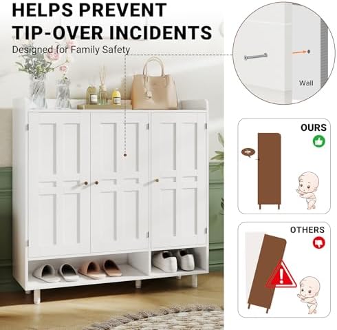 Shoe Cabinet with 3 Doors and Adjustable Shelves, Large Shoe Storage Cabinet ...